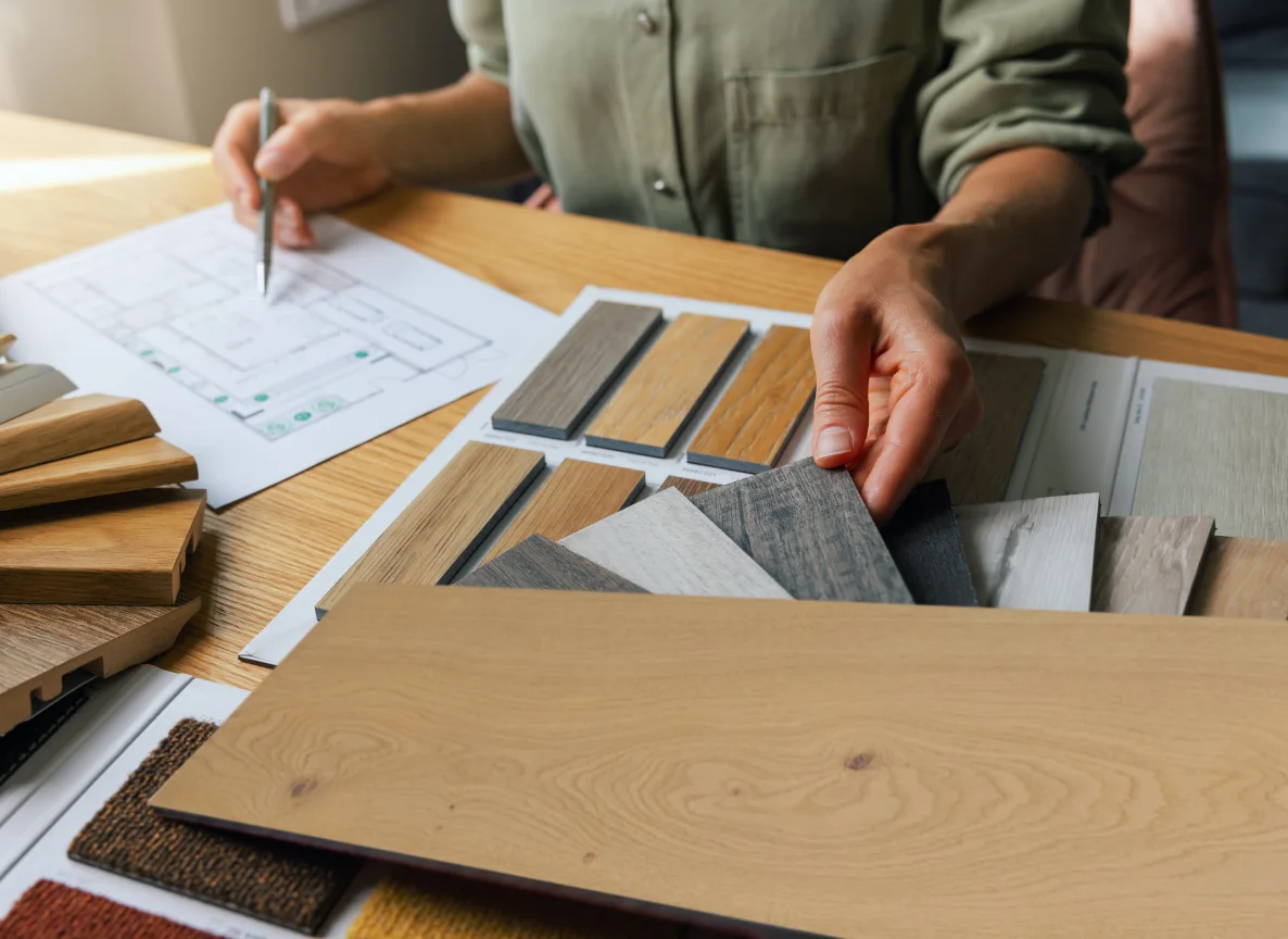 Progettazione con campioni di legno e disegni tecnici